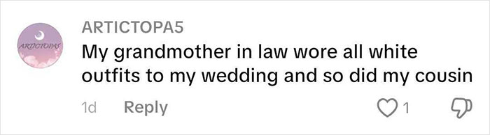 A social media comment about a grandmother-in-law picking the worst dress by wearing all white to a wedding. A social media comment about a grandmother-in-law picking the worst dress by wearing all white to a wedding.
