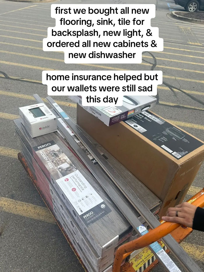 Shopping cart full of new flooring, sink, and tiles after a bad contractor experience. A costly home renovation.