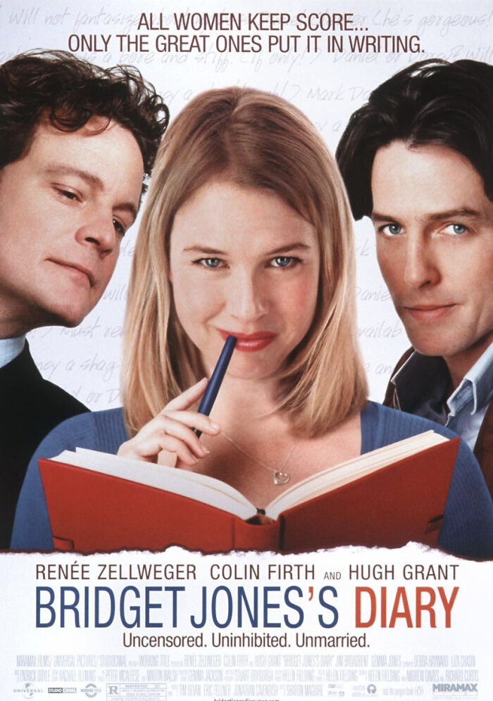 Bridget Jones's Diary movie poster with Renée Zellweger holding a red diary