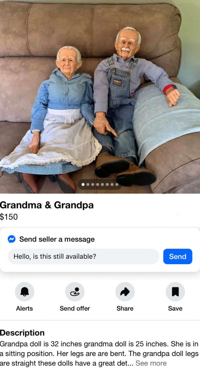 Grandma and grandpa realistic dolls sitting on couch