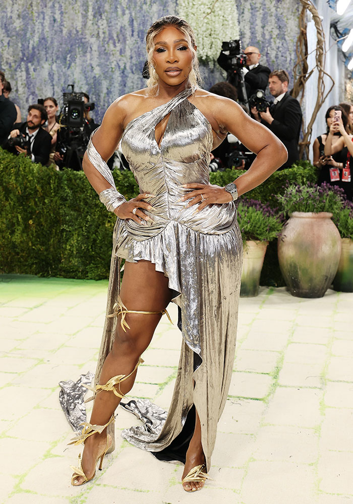 Serena Williams in a metallic silver dress with gold leg wraps at Met Gala 2026. Worst Dressed Stars at Met Gala.