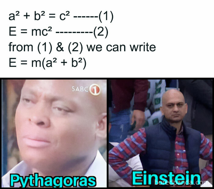 Funny math memes blending Pythagoras and Einstein equations, creating trauma and laughter.