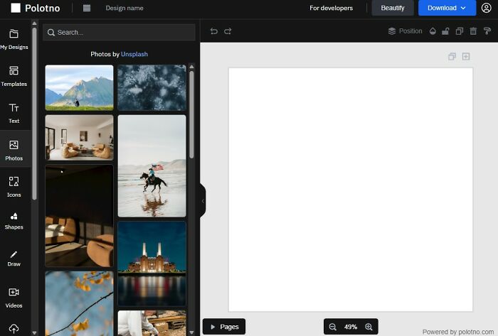 A Polotno interface displaying photo options from Unsplash, demonstrating interesting websites with diverse images and design tools.