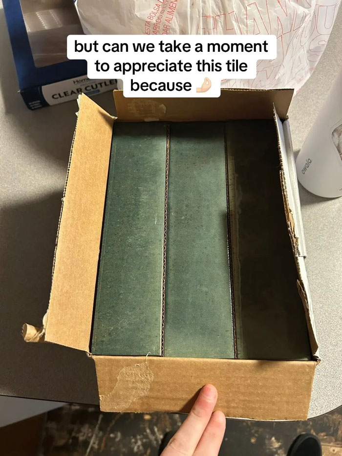 A hand rests on a cardboard box filled with dark green tiles. The text asks to appreciate the tiles. Contractor horror story.