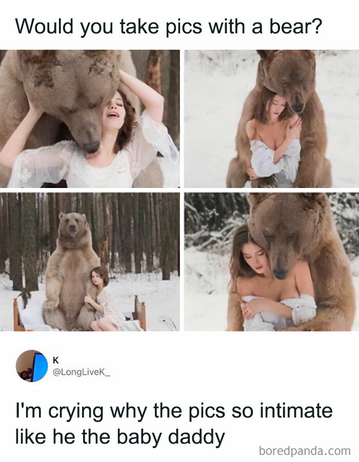 Intimate photoshoot of woman with bear in funny animal memes