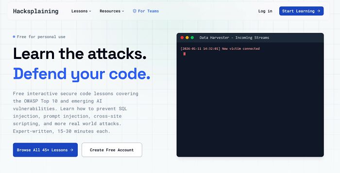 A screenshot of the Hackxplaining website, a platform for learning to defend code, one of the most interesting websites.
