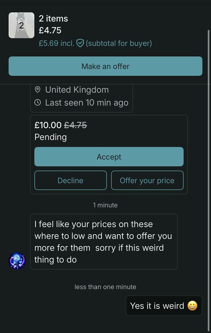 Vinted message showing buyer offering higher price for items claiming seller's prices are too low