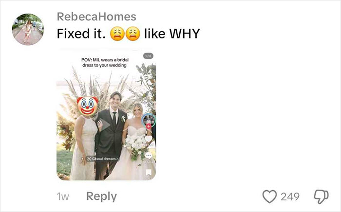 A photo of a wedding party with the mother-in-law's face comically edited, highlighting her dress choice. A photo of a wedding party with the mother-in-law's face comically edited, highlighting her dress choice.