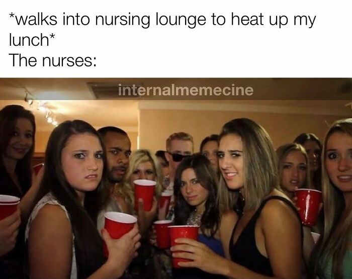 A group of people, including many young women, holding red cups and looking surprised. A funny medical meme.