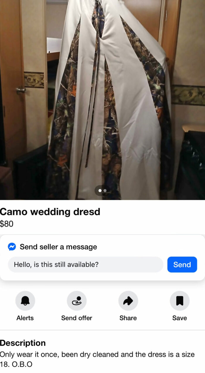 Camo wedding dress with dry-cleaned fabric and size 18