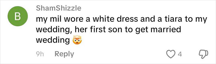 A social media comment about a MIL picking the worst dress to her son's wedding by wearing a white dress and tiara. A social media comment about a MIL picking the worst dress to her son's wedding by wearing a white dress and tiara.