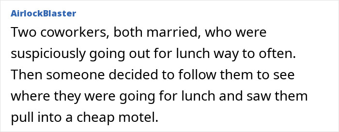 Office drama story about coworkers caught secretly visiting a cheap motel during lunch