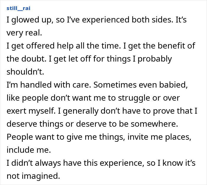 Personal story describing experiences of pretty privilege and its real impact