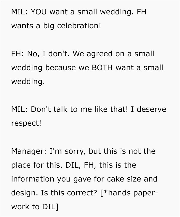 Manager mediates heated argument about wedding cake size and design at bakery Manager mediates heated argument about wedding cake size and design at bakery
