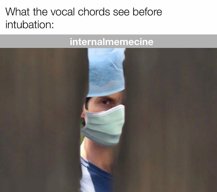 A medical meme of a doctor in a mask and cap, peering through a gap. Captioned, What the vocal chords see before intubation.