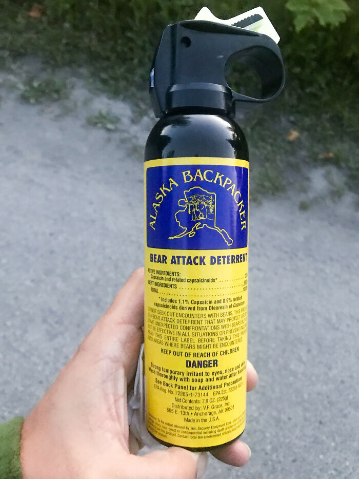Hand holding bear attack deterrent spray representing laziness saving from disaster