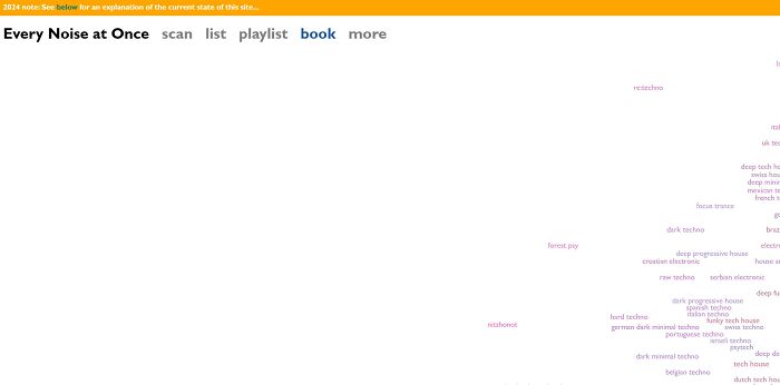 An interesting website: Every Noise at Once, showing a genre map with numerous music styles like techno, trance, and house.
