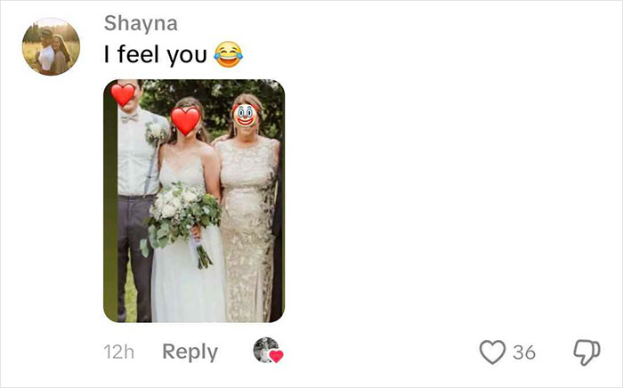 A social media post with a photo of a wedding party, showing the mother-in-law in an elaborate dress. A social media post with a photo of a wedding party, showing the mother-in-law in an elaborate dress.
