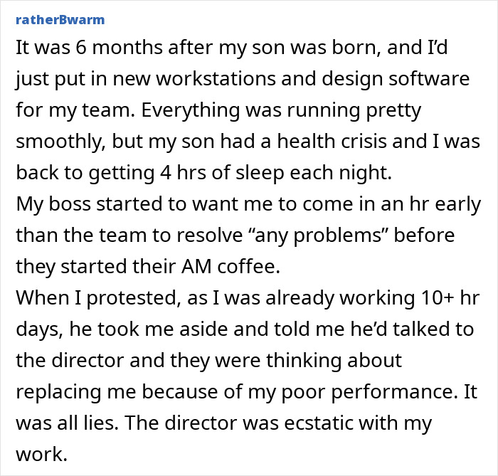 Boss threatens replacement despite employee's strong performance after son's health crisis
