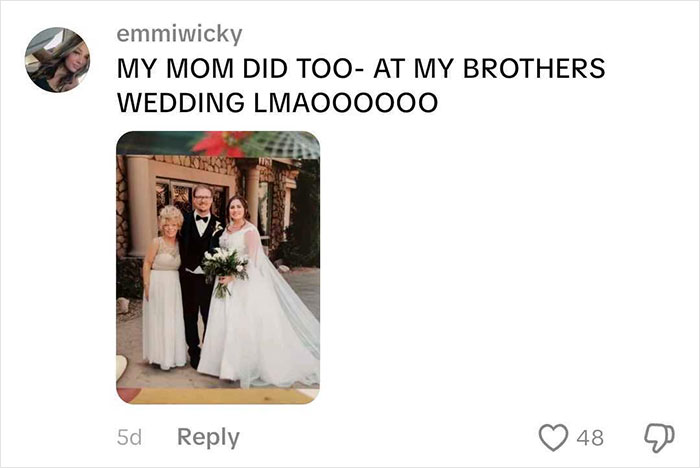 A social media post with a photo of a wedding party, showing the mother-in-law in a light-colored dress. A social media post with a photo of a wedding party, showing the mother-in-law in a light-colored dress.