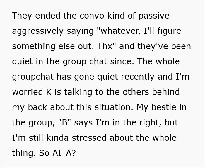Text excerpt describing group chat silence and stress after refusing to lend dream wedding dress Text excerpt describing group chat silence and stress after refusing to lend dream wedding dress