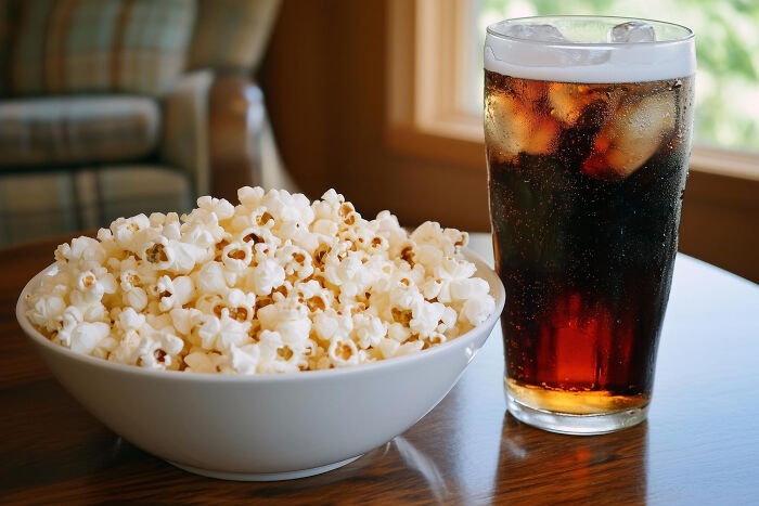 Bowl of popcorn next to glass of iced soda on wooden table