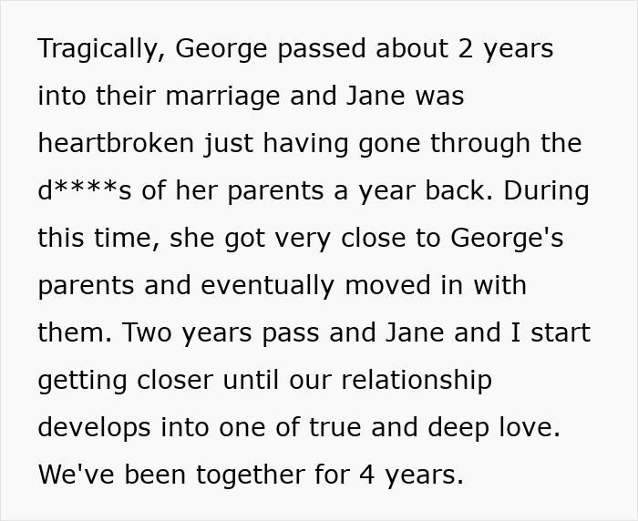 Details about late husband's passing and fianc&eacute;e moving in with his parents