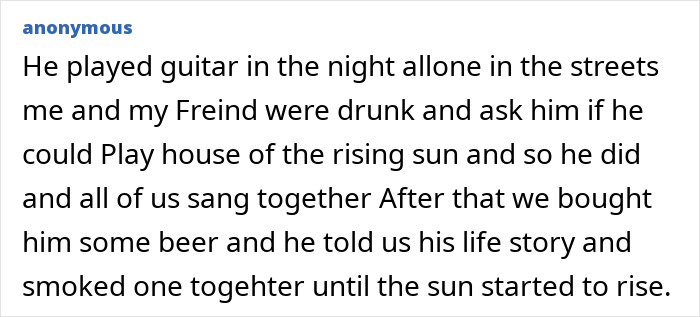 Homeless man playing guitar and sharing stories late at night