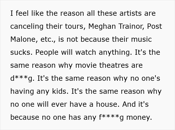 Text about artists canceling tours due to lack of money among Gen Z Text about artists canceling tours due to lack of money among Gen Z