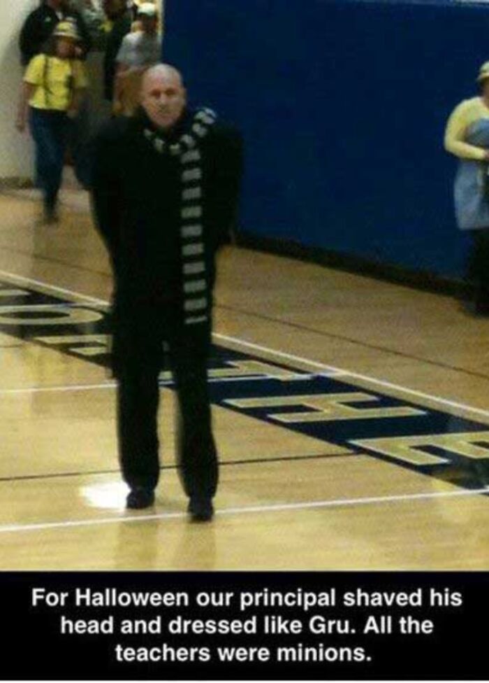 School principal shaves head and dresses like Gru for Halloween with teachers as minions