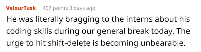 Text about engineer bragging coding skills and urge to delete script