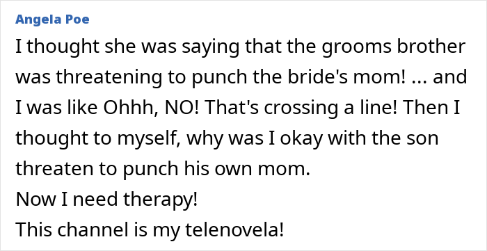 Text comment about groom's brother threatening bride's mom before wedding scene Text comment about groom's brother threatening bride's mom before wedding scene