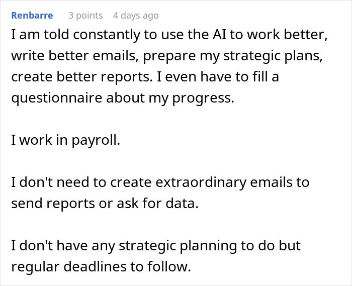 User describing AI's role in improving emails and reports for payroll