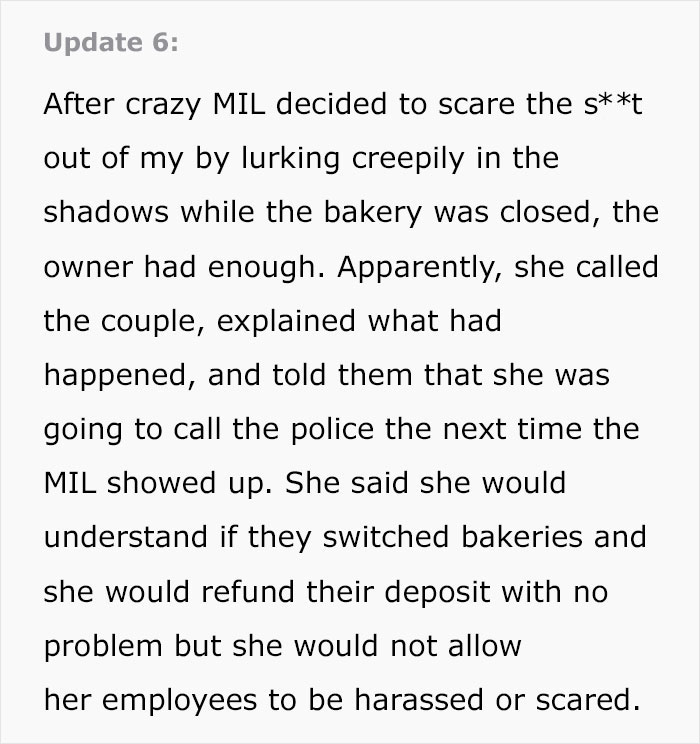 Update about MIL lurking and bakery owner threatening police over wedding cake Update about MIL lurking and bakery owner threatening police over wedding cake
