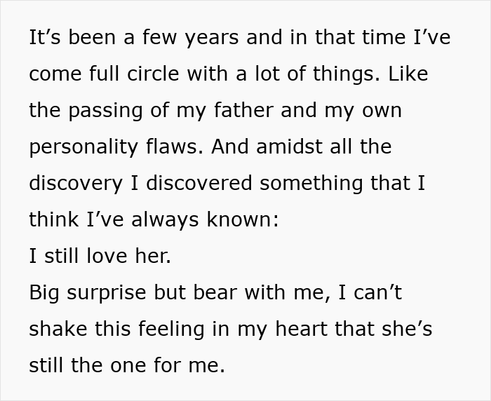 Text excerpt on a light background, reading I still love her. It details a man's regret and rediscovered love.