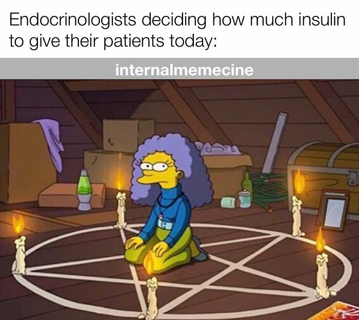 Selma Bouvier on her knees in a candlelit pentagram, summoning the right insulin dose. A funny medical meme for doctors.
