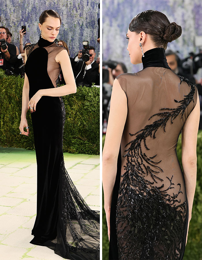 A model in a sheer black gown, front and back views, potentially among the worst dressed stars at Met Gala 2026.