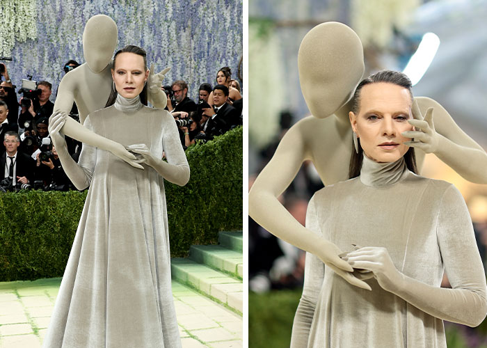 A celebrity in a beige gown at the Met Gala, with a featureless figure behind them adding extra arms and hands.