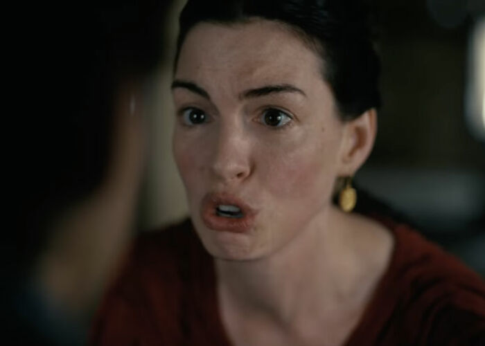 Anne Hathaway's scene in The Odyssey, showing her acting with a dramatic facial expression. Is she fighting botox?