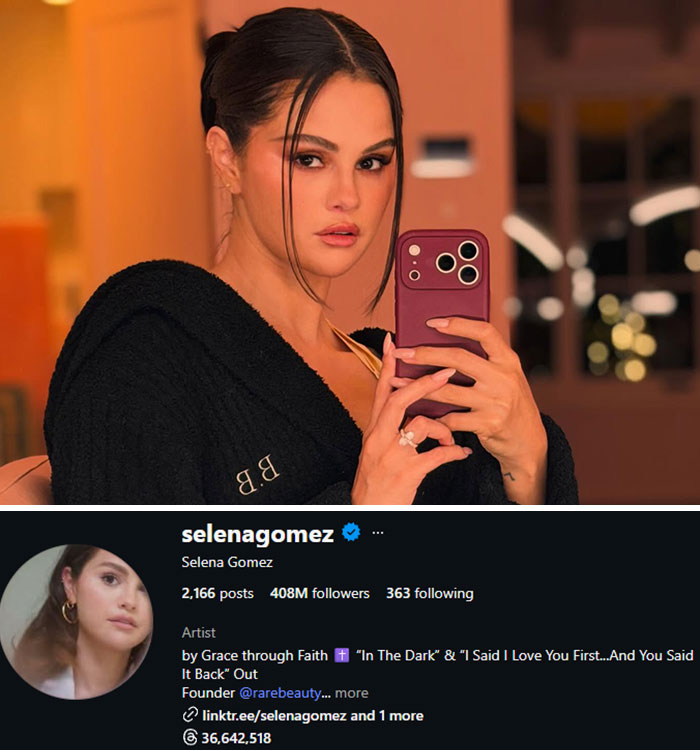 Selena Gomez taking a mirror selfie, with her Instagram profile showing 408M followers, highlighting celebrity follower changes.