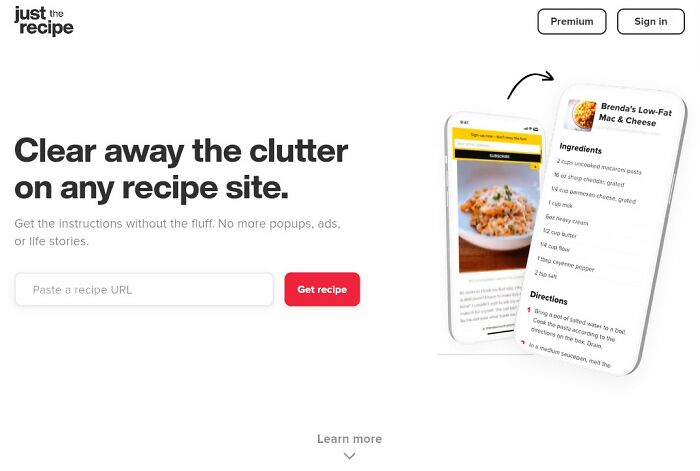 Just the Recipe website with two phone screens showing a clean recipe layout, one of the most interesting websites.