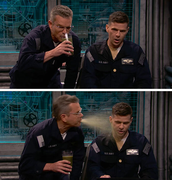 Matt Damon in a "Gross" SNL sketch, spitting green liquid on a disgusted Mikey.