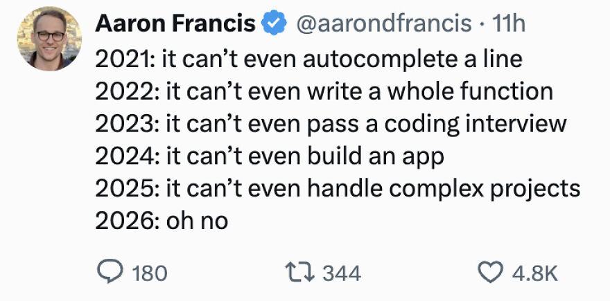 Tweet humor on artificial intelligence development lagging in coding tasks over years