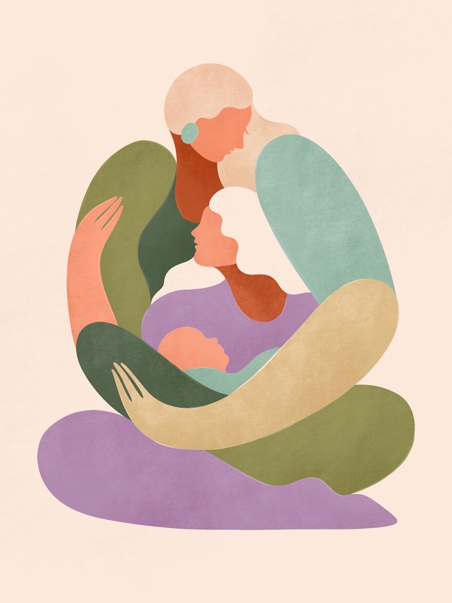 Abstract illustration of family members embracing symbolizing support and family roles