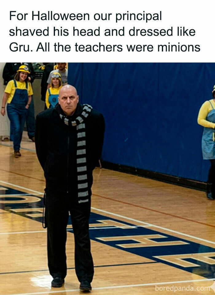 Blessed Images of a principal dressed as Gru with teachers as minions for Halloween, spreading positivity.