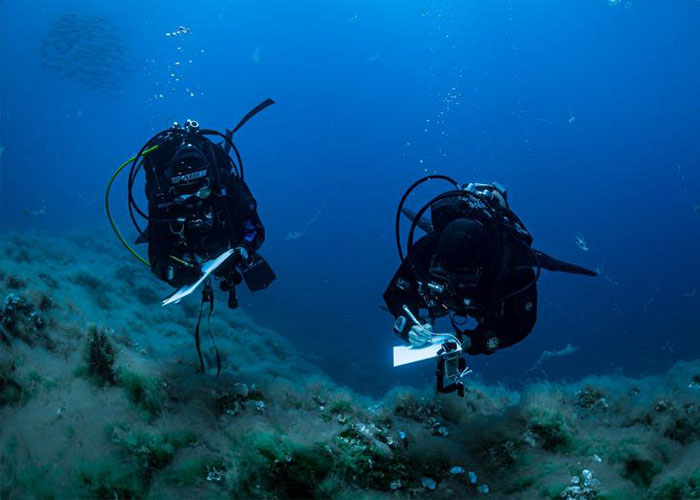 Two scuba divers exploring underwater in Maldives diving expedition