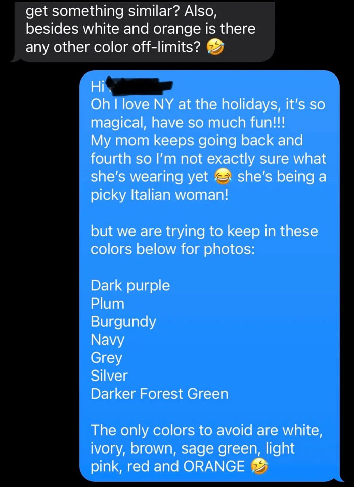 Text message showing the dress code colors to avoid for the wedding photos. Text message showing the dress code colors to avoid for the wedding photos.