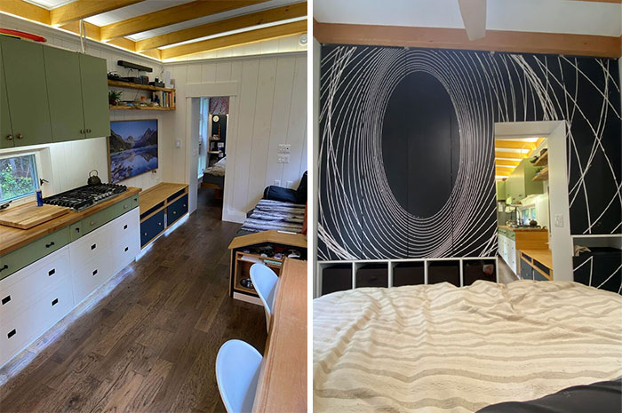 Cozy small home interior with kitchen and bedroom featuring artistic wall