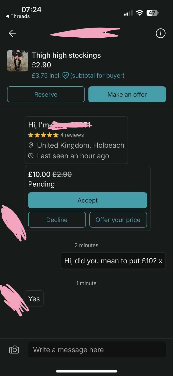 Vinted screen showing buyer offered £10 for £2.90 thigh high stockings