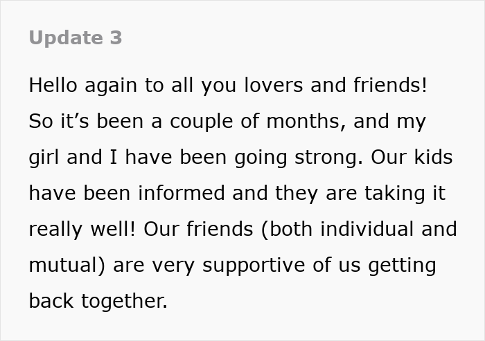 Text update from a person who left his wife and kids, expressing happiness in a new relationship. He found himself.